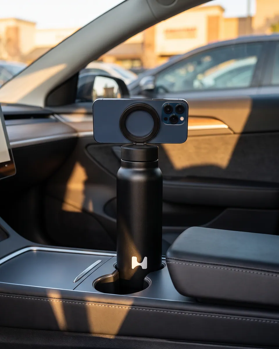 Black bottle in the cup holder of a parked car, a phone mounted on the ring, shops visible through the windscreen