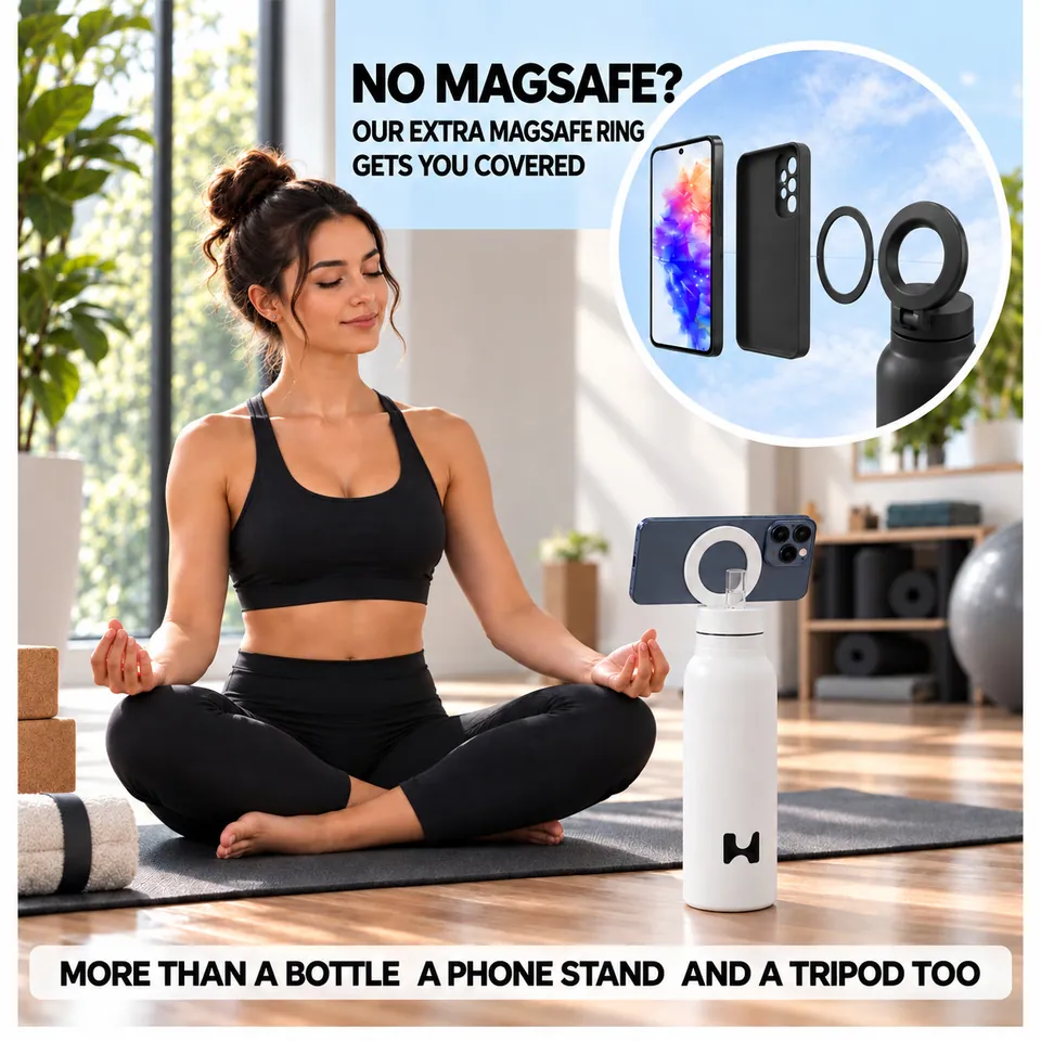 A yoga session with the white bottle holding a phone, and the adapter ring kit